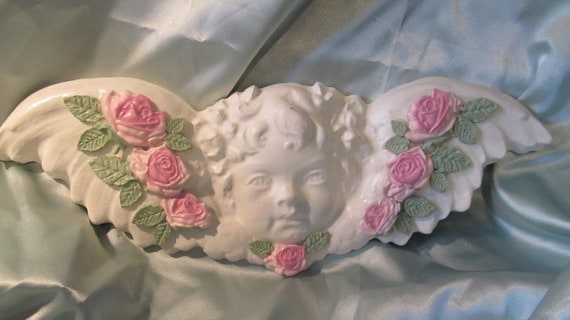 White Cherub WALL DECOR/PEDIMENT, Plaster resin, Hand Molded & Painted, Pink Roses, Shabby Chic, Romantic Decor