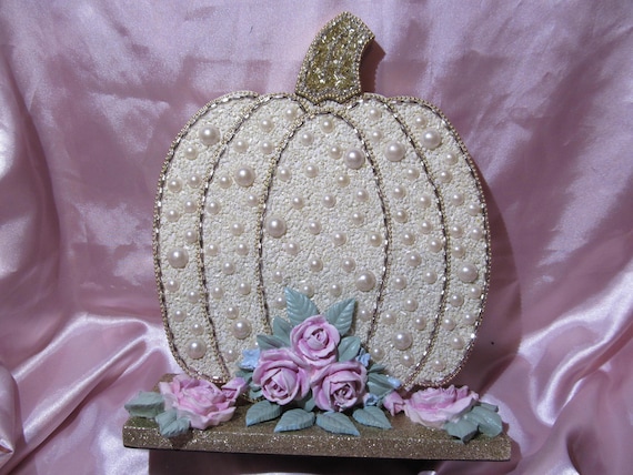 White  Pearled Pumpkin with Pink Roses, Halloween Decor, Pink Rose Halloween, Shabby Chic Halloween, Cottage, Holiday Home Decor