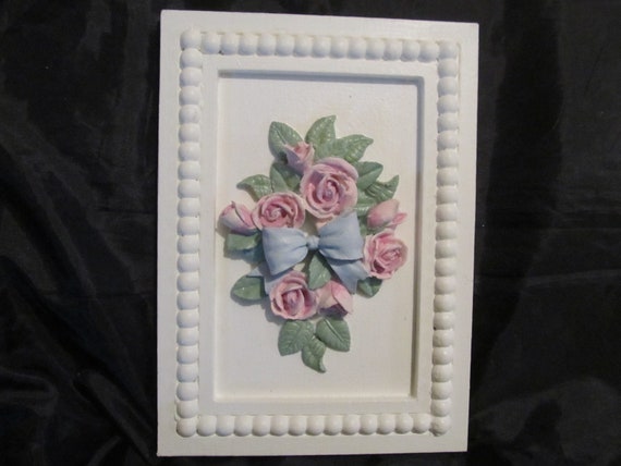 White WALL DECOR with Molded Pink Roses and Blue Bow, Wood, Shabby Chic, Cottage Decor, Pink Rose Home Decor, Chic