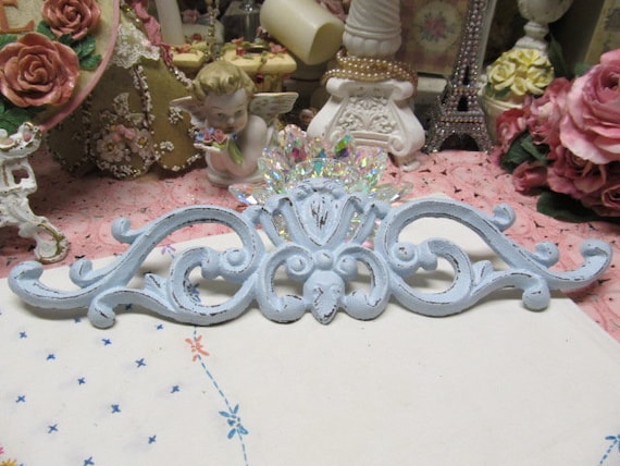 Blue Ornate WALL PEDIMENT, Cast iron, Wall Decor, Distressed, Door Topper, Frame Topper, Shabby Chic,Cottage Decor, Victorian