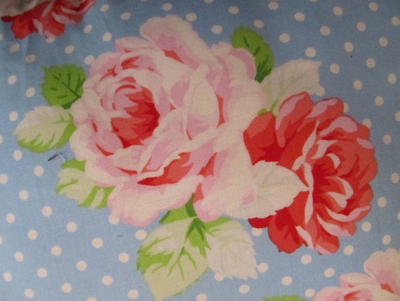 DECOR PILLOW, Roses on Blue with White Polka dots, Hand Sewn,  12"x12",  Shabby Chic, Cottage, Victorian,  Pink Rose Home Decor