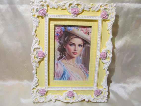 Yellow & White Ornate Photo Frame, 4x6 Photo, Hand Molded and Hand Painted, Pink Roses, Shabby Chic, Cottage, Victorian, Home Decor