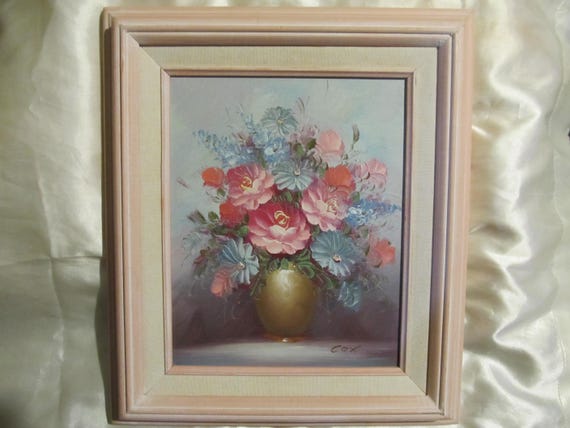 Original Painting  on Canvas of Vase of Flowers, Signed by Cox, Wood Frame, Shabby Chic, French Country, Cottage, Victorian Decor