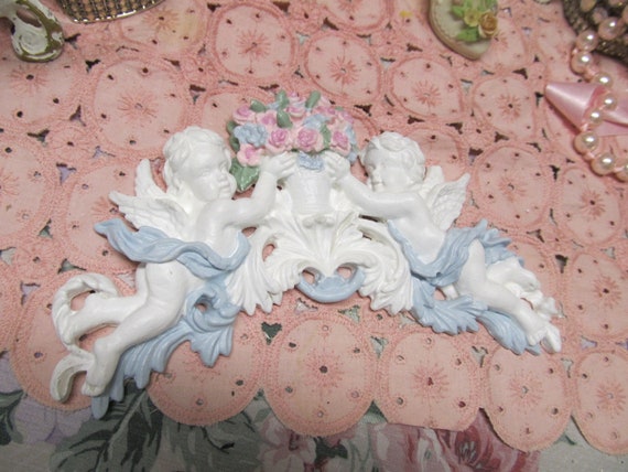 White CHERUB PEDIMENT with Pink Rose Basket, Hand Molded and Painted, Topper, Shabby Chic, Cottage, Putti, Victorian, Romantic Home Decor