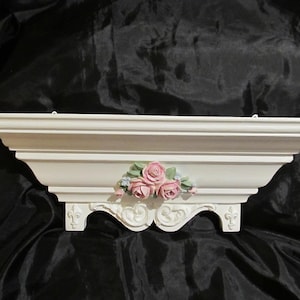 White WALL SHELF Wall Decor, Pink Molded Roses, Ornate Designs, Thick Wood, Shabby Chic, Cottage Home Decor, Pink Rose Decor