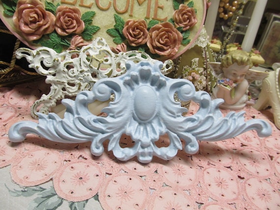 Pastel Blue Pediment WALL DECOR, Ornate Design, Hand Molded, Plaster, Hand Painted, Door, Frame Topper, Shabby Chic, Cottage, Home Decor