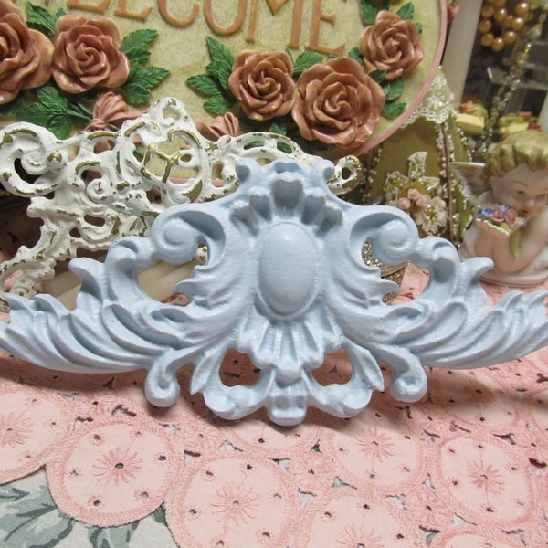 Pastel Blue Pediment WALL DECOR, Ornate Design, Hand Molded, Plaster, Hand Painted, Door, Frame Topper, Shabby Chic, Cottage, Home Decor