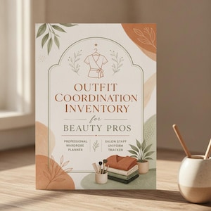 May include: A rectangular card featuring the text OUTFIT COORDINATION INVENTORY for BEAUTY PROS, PROFESSIONAL WARDROBE PLANNER, and SALON STAFF UNIFORM TRACKER. The design includes a line-art hanger, botanical illustrations, and abstract shapes in terracotta and sage green colors.