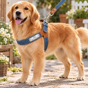 Könnte beinhalten: Ein Golden Retriever trägt ein blaues Jeans-Hundegeschirr mit braunen Lederakzenten und einem silbernen Metallschild, das mit dem Namen Pele und der Telefonnummer 681-456-454 graviert ist, befestigt an einer passenden blauen Jeans-Hundeleine.
