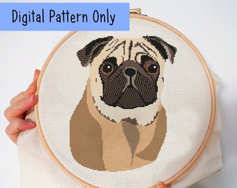 Pug  Dog Cross Stitch Kit Digital Pattern - Cute Dog Illustration - Detailed Pug Cross Stitch Illustration - Wall Hanging