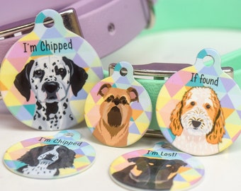 Dog ID Tag Harlequin Custom Illustrated Pet Tags Personalised Colourful ID Tags for Dogs Outdoor Waterproof Dog Name Tags Custom Printed