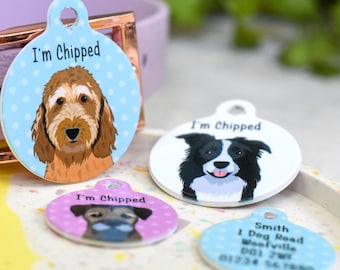 Dog Tag Custom Illustrated Pet Tags, Personalised Colourful ID Tags for Collars, Outdoor Waterproof Dog Name Tags, Custom Printed Pet Tag