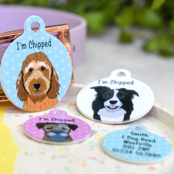 Dog Tag Custom Illustrated Dog Collar Tags Personalised Illustrated ID Tags for Dogs Outdoor Waterproof Dog Name Tags Custom Printed Pet Tag