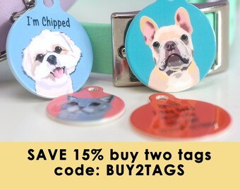 Pet Portrait, Hand-illustrated Custom Dog Portrait on a Dog ID Tag, Digital Dog Illustration from photo for dog owner on pet tags