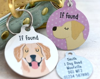 Dog Tag Golden Retriever Dog Collar Tag Personalized Dog Tag Custom Dog Collar Tag Dog ID Tag Dog Name Tag Illustrated Metal Pet Tag Dogs