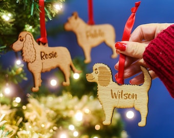 Dog Christmas ornament for traditional Christmas tree solid beech decoration personalised with your dogs name gift xmas decorations gifts