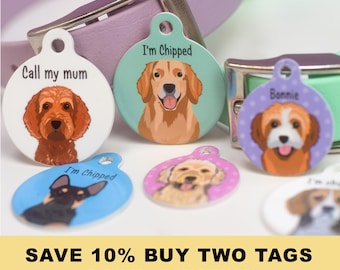Custom pastel Dog tags, Personalized Pet ID Disc with Hand Drawn Dog Portrait,