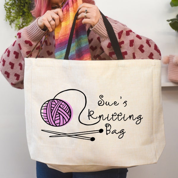Personalised Knitting Bag - Large Linen Tote Bag - Craft Bag - Custom Name Knitting Bag for knitting storage