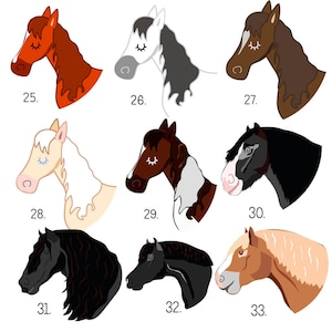 May include: Nine different horse head illustrations with various colors and patterns. The horses are numbered 25 through 33.