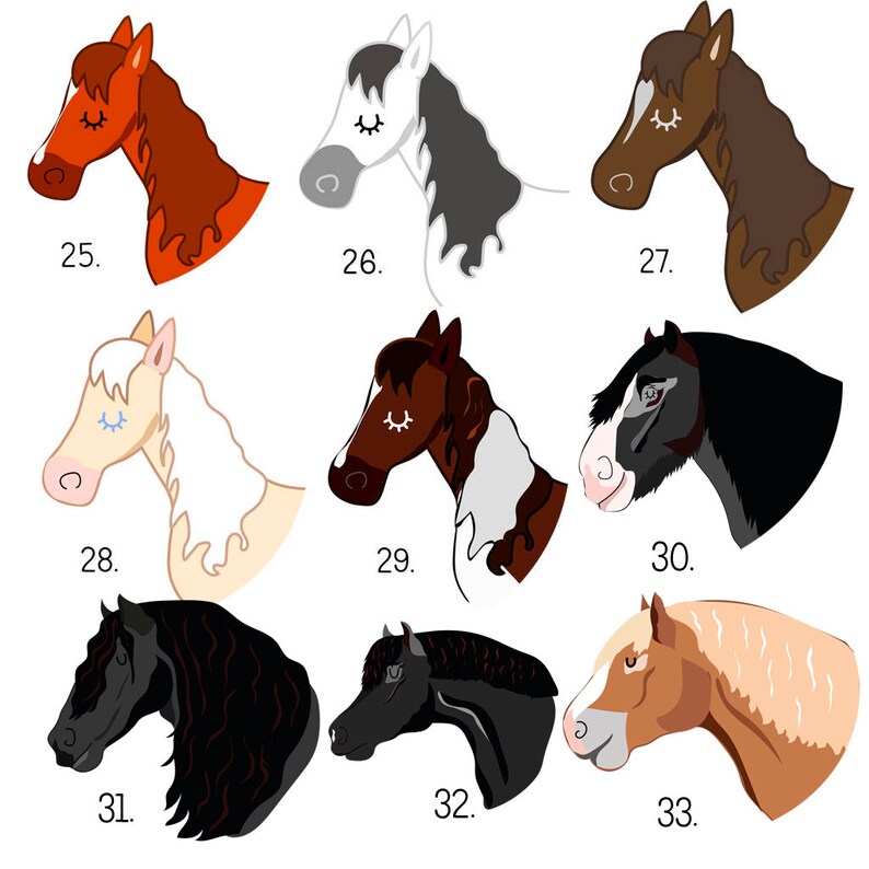 May include: Nine different horse head illustrations with various colors and patterns. The horses are numbered 25 through 33.