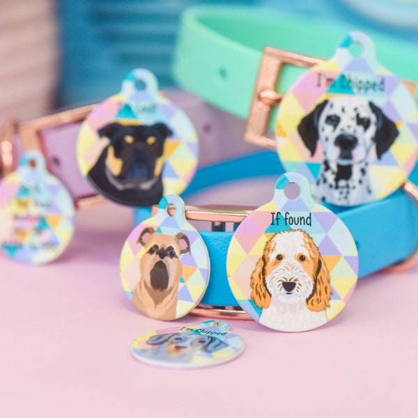 Dog ID Tag Harlequin Custom Illustrated Pet Tags Personalised Colourful ID Tags for Dogs Outdoor Waterproof Dog Name Tags Custom Printed