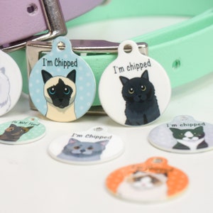 Cat ID Collar Tag, colourful cartoon cat illustrations, polka dot circle disc