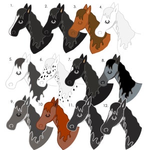 May include: Twelve cartoon horse head illustrations with different colored manes and coats. The horses are numbered 1 through 12.