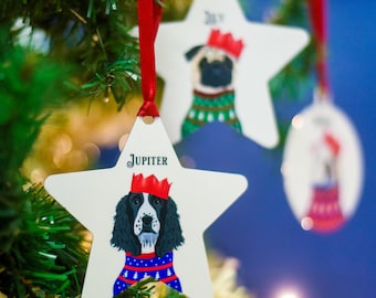 Illustrated Dog Wearing Christmas Jumper and Party Hat Christmas Ornament Personalised - Gift for Dog Lovers