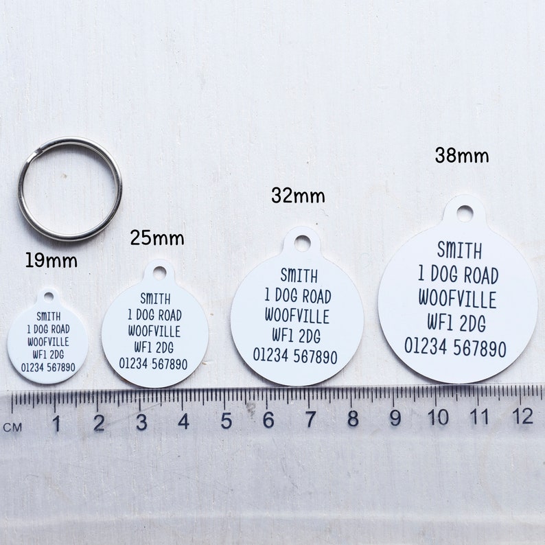 May include: A set of four white, circular pet ID tags with black text, ranging from 0.75 inches to 1.5 inches in diameter. Each tag includes the name "SMITH", an address, and a phone number. A silver metal ring is also included.