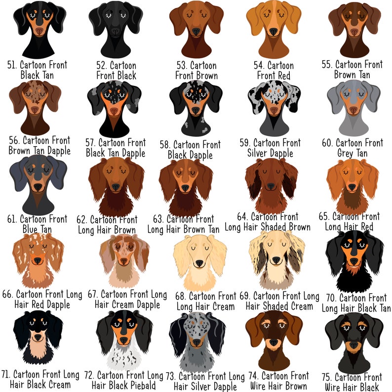 May include: A collection of cartoon dachshund dog illustrations in various colors and patterns. Each dog is labeled with a number and a description of its coat color, such as "Black Tan" or "Silver Dapple."