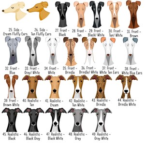 May include: A chart of 49 different Greyhound dog illustrations. Each illustration shows a different color combination and pose of the dog. The illustrations are labeled with numbers and descriptions of the color combinations and poses.