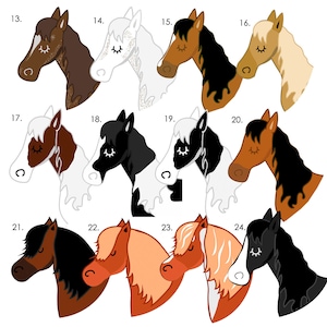 May include: A set of 12 horse head illustrations in various colors and patterns. The horses are all facing the right side of the image. The illustrations are numbered 13 through 24.