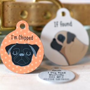 Pug Dog Tag for Collars and Harnesses with Custom Illustrated Design