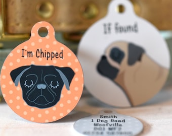 Dog ID Tag for Pug Dog Collar, Cute Pug illustrated name tag.