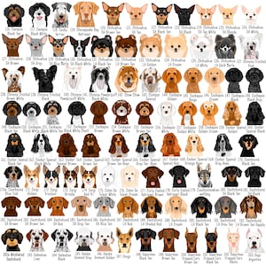 May include: A collection of dog illustrations, each labeled with a breed name. Breeds include Chihuahua, Cocker Spaniel, Dachshund, and Doberman. The dogs are depicted in various colors and coat patterns, against a white background.