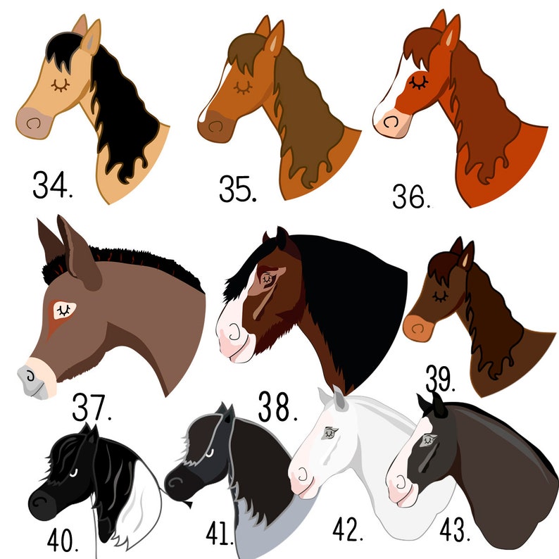 May include: A collection of nine horse head illustrations, each with a different color and pattern. The illustrations are numbered 34 through 43.