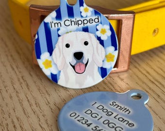 Spring Flower Dog ID Tag Lightweight Pet Tags with Blue Stripes and White Flowers