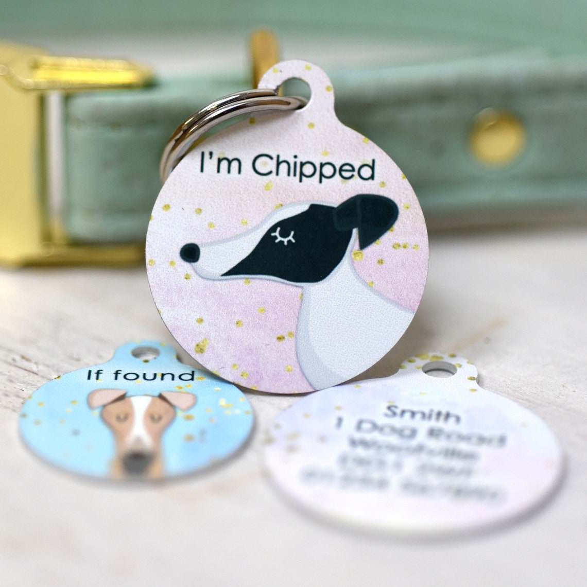 Dog Name Tags Watercolour Gold Flake Hoobynoo Dog Collar Tag Etsy