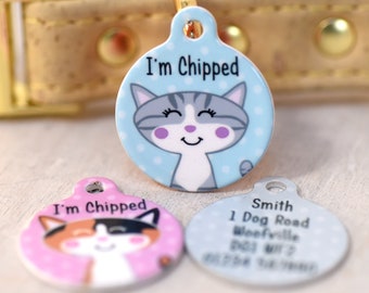 Placa de identificación con ilustración de gato, tamaño extra pequeño, placa personalizada para collar de mascota con datos de contacto.