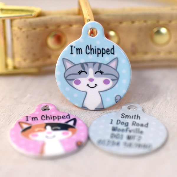 Personalized Cat ID Collar Tag with cartoon cat portrait