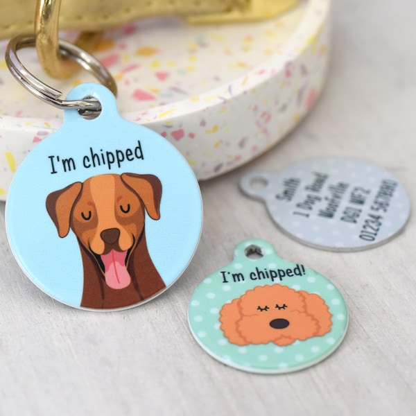 Farbenfrohe, personalisierte Hundemarke für Welpen mit einzigartigen Hundeillustrationen