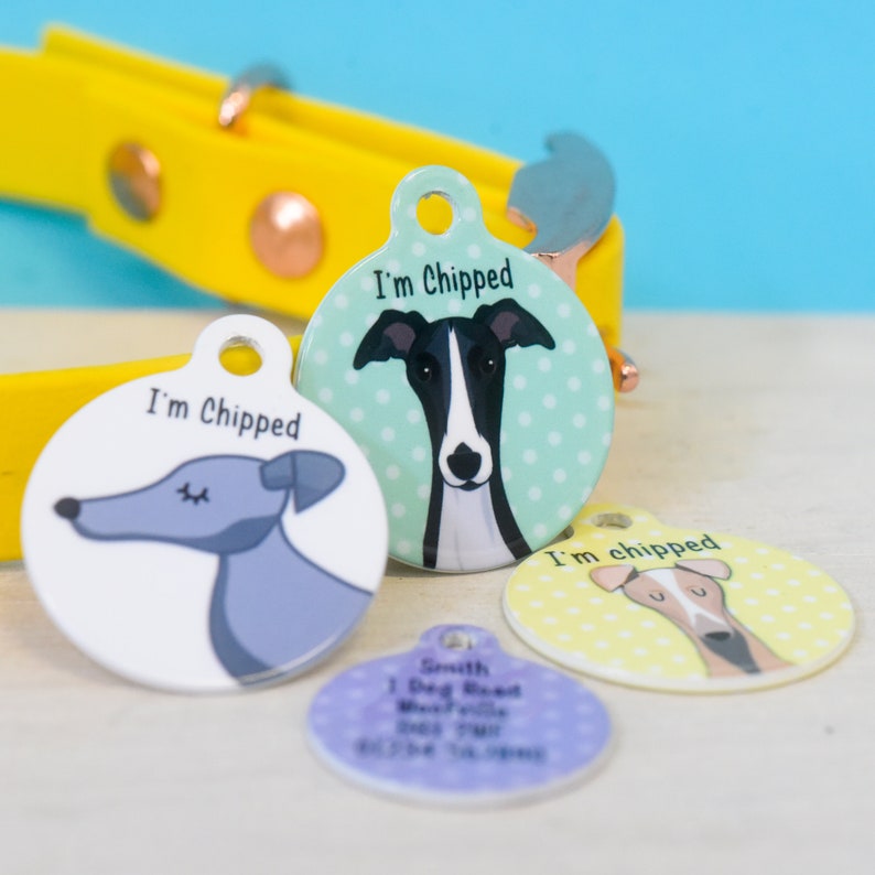 May include: Four round dog tags with different designs. The tags are white with colorful polka dots and feature illustrations of dogs. The text "I'm chipped" is printed on three of the tags.