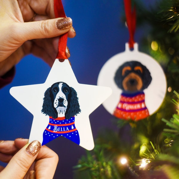 Illustrated Dog Breed Christmas Tree Ornament Personalised Hanging Xmas Star or Bauble Decoration for Trees Yuletide Gift for Dog Owners