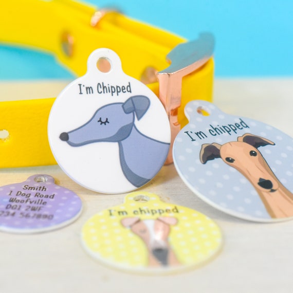 Illustrated Greyhound Dog ID Tag, Personalised Pet Collar Tag