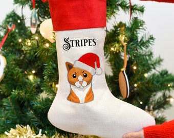 Cat Stocking for Christmas Personalised with Cat Name and Cartoon Cat Custom Illustration for Cats Gifts