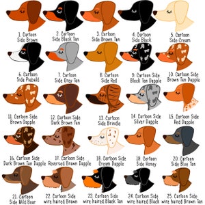 May include: A collection of 25 cartoon dachshund dog illustrations in various colors and patterns. Each dog is shown in profile with a different coat color, including brown, black, tan, and dapple patterns. Text labels identify each dog's color and pattern.