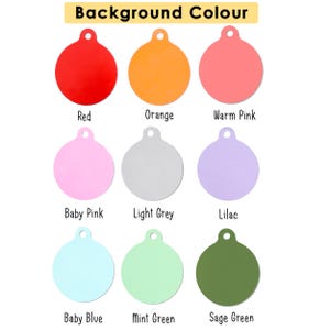 May include: Nine colorful, round tags with a hole at the top are displayed against a white background. The tags are in various colors, including red, orange, pink, baby pink, light grey, lilac, baby blue, mint green, and sage green. The text "Background Colour" is at the top.