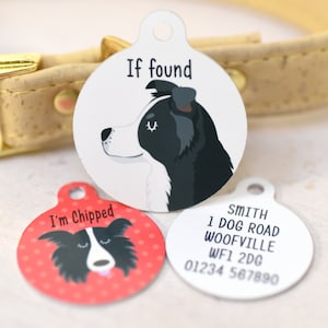Beautiful Illustratred Custom Dog Tag featuring a Border Collie with personalized name, personalised id tag with stunning breed illustration