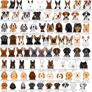 May include: A print featuring various dog breeds, including Bulldogs, Frenchies, and Golden Retrievers. Each dog is labeled with its breed and color, such as "Frenchie Black" and "Golden Retriever Red". The image is a comprehensive guide for dog lovers.