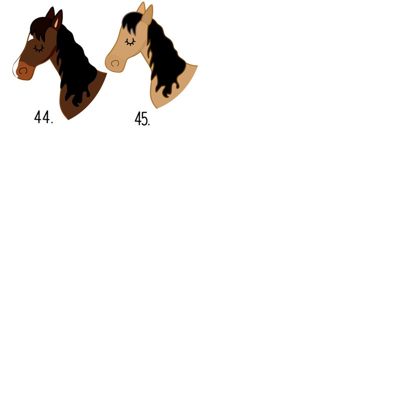 May include: Two cartoon horse heads, one brown and one light brown, with closed eyes and black manes. The brown horse is labeled "44." and the light brown horse is labeled "45."